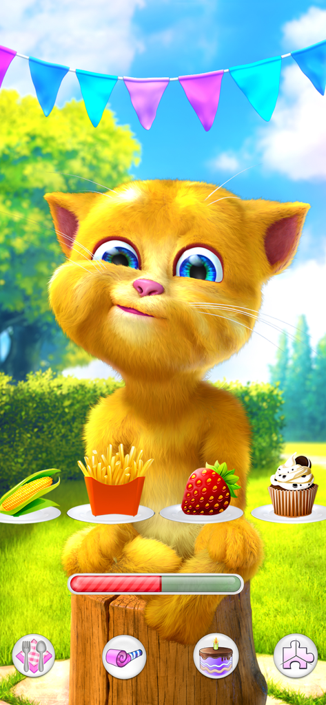 Talking Ginger kitten sitting on a tree stump choosing between various snacks like fries and a cupcake.