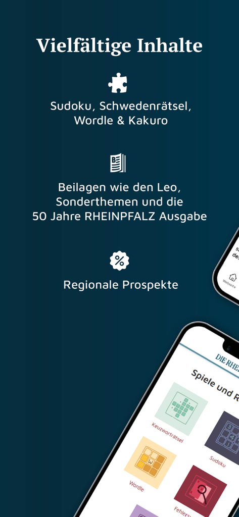 DIE RHEINPFALZ – Nachrichten - Captura de pantalla de la aplicación DIE RHEINPFALZ que muestra diversas opciones de contenido como pasatiempos, folletos regionales y ediciones especiales.