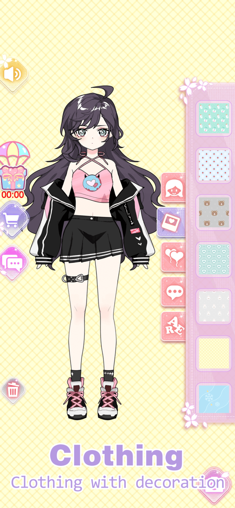 Una chica de anime con una chaqueta negra y un top corto rosa en el juego de vestir Vlinder Princess