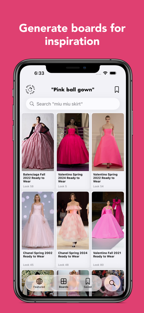 MDLA Runway App-Bildschirm mit einem kuratierten Moodboard für rosafarbene Ballkleider von High-Fashion-Designern