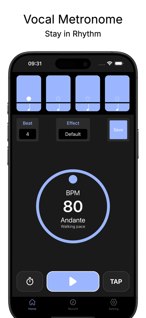 Vocal Metronome - Interface of the Vocal Metronome app showing a tempo of 80 BPM and rhythm adjustment settings