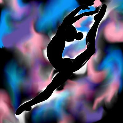 gymnast doing a leap in a leotard with a bent back leg