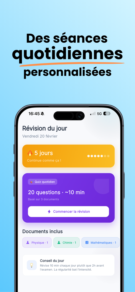 Podnotes - Interface du tableau de bord de révision quotidienne de l'application mobile Podnotes affichant une série d'étude de cinq jours et des quiz personnalisés.