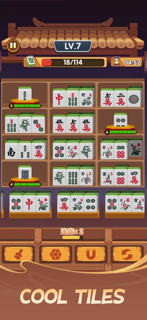 Mahjong Charm : Tiles Puzzle - A screenshot of Mahjong Charm showing a level where players match tiles on shelves.