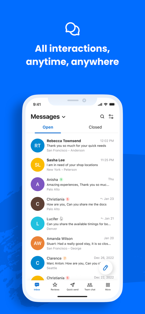 Interface de l'application Birdeye montrant une boîte de réception unifiée avec une liste de messages et d'interactions clients
