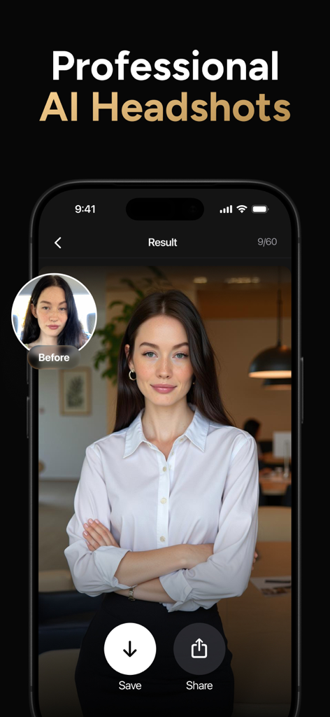 Momo - AI Photo Generator - Momo AI Photo Generator app showing a professional headshot result and a before selfie comparison