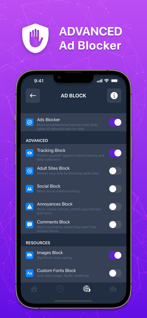 Advanced ad blocker settings screen in VPN ERO app for iPhone