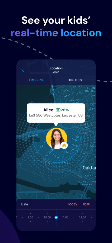 Eyezy - Pro Parental Control - La aplicación Eyezy muestra la ubicación en tiempo real de un niño en un mapa.