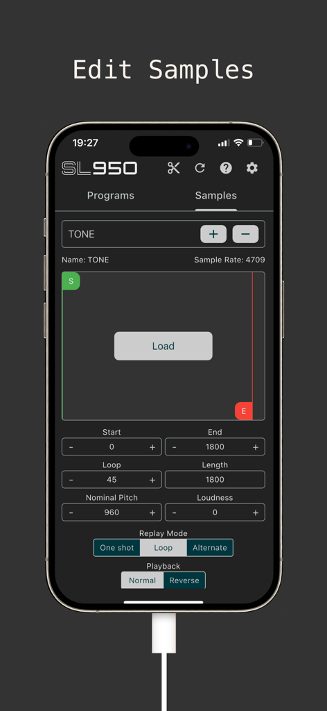 SL950 app interface for editing samples on AKAI S950 samplers