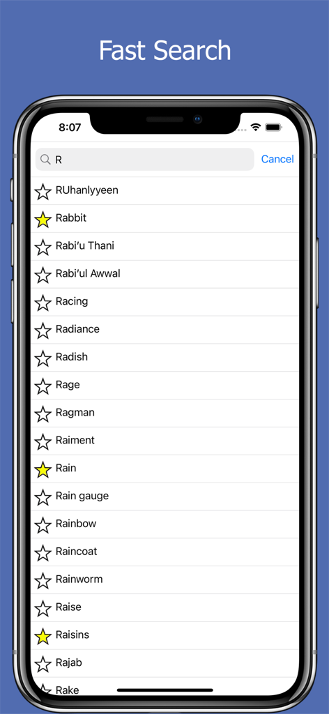 Dream Interpretation & Meaning - 꿈 해석 앱의 검색 인터페이스, 알파벳순 꿈 상징 목록 표시