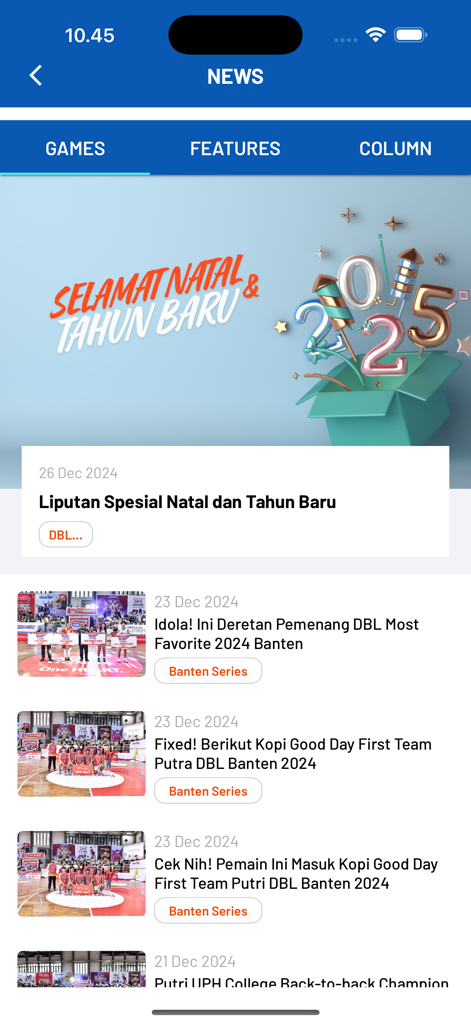 DBL Play - DBL Playアプリのニュース画面。バスケットボールの大会ハイライトとトーナメントのアップデートが表示されています。