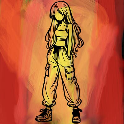 girl in baggy pants crop top and long hair