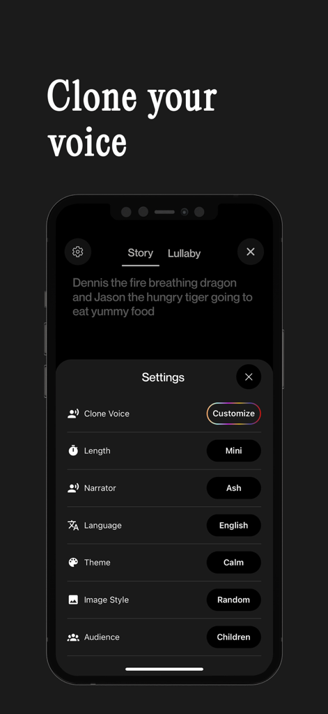 Tela do aplicativo Sleepytale mostrando opções para clonar voz e personalizar histórias.
