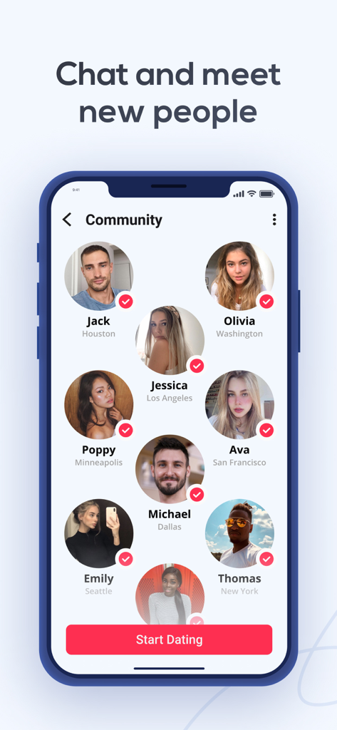 Dating and Chat - Sweet Meet - Schermata dell'app Sweet Meet che visualizza vari profili utente locali con nomi e località nella vista della comunità.