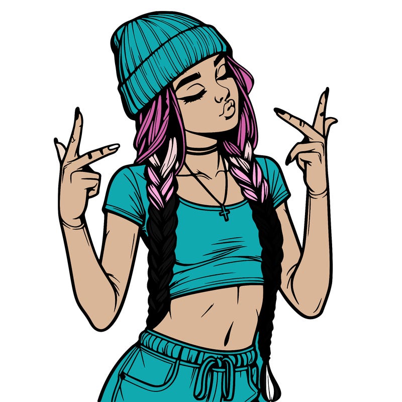 realistic teenage girl with braids and a beanie and crop top doing 🫶🏼