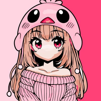 anime girl with chick shaped hat with sweater with bare shoulders with bangs covering them one eye with low tail