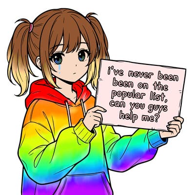 a cute anime girl with a sign saying  i’ve never been on the popular list, can you guys help me?