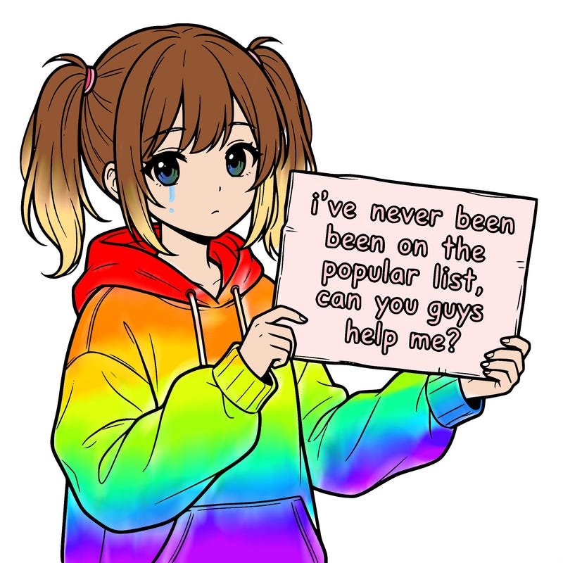 a cute anime girl with a sign saying  i’ve never been on the popular list, can you guys help me?