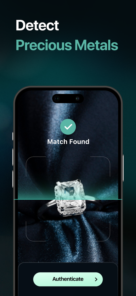 A smartphone screen using the Rock Finder app to scan and authenticate a diamond ring