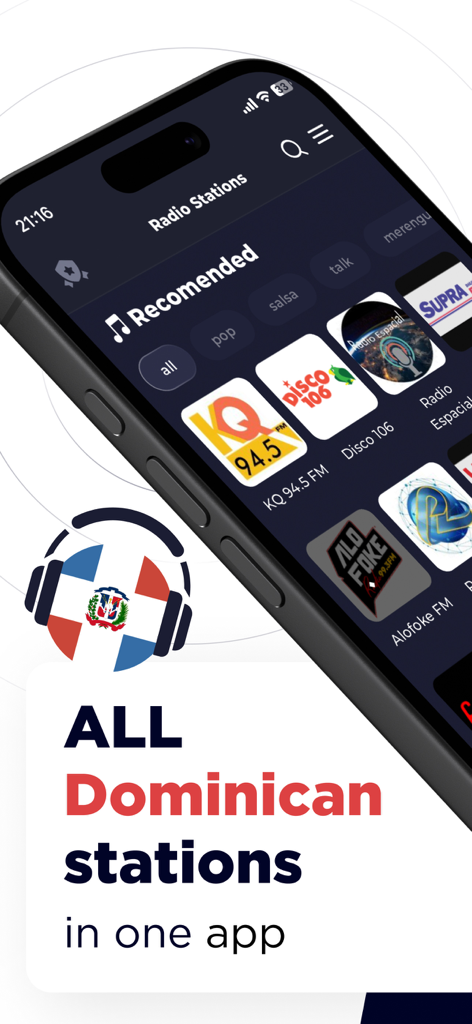 Dominican Radio Live FM & AM - Smartphone screen showing various Dominican radio station icons in the app