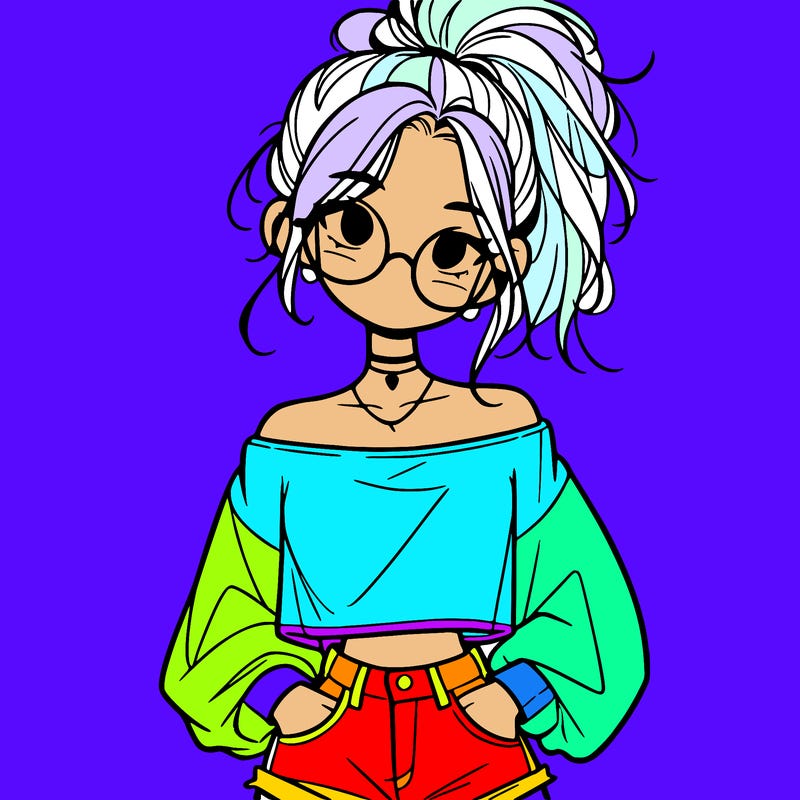 girl with a messy ponytail glasses a baggy crop top and jean shorts