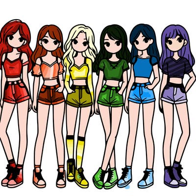 a group of girls wearing crop tops and shorts