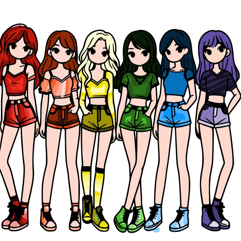 a group of girls wearing crop tops and shorts