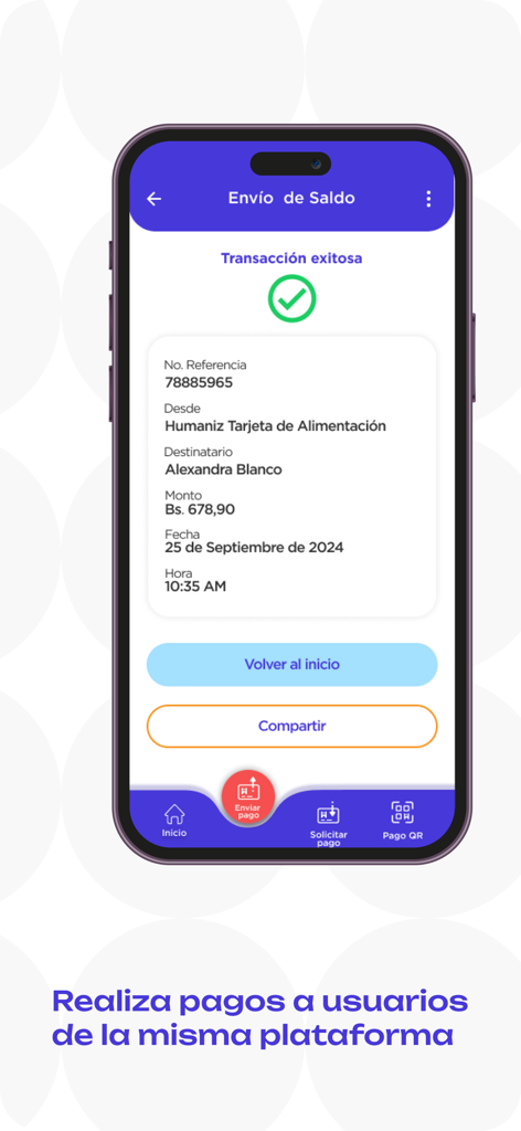 Humaniz App - Humaniz app screen showing a successful balance transfer confirmation with transaction details.