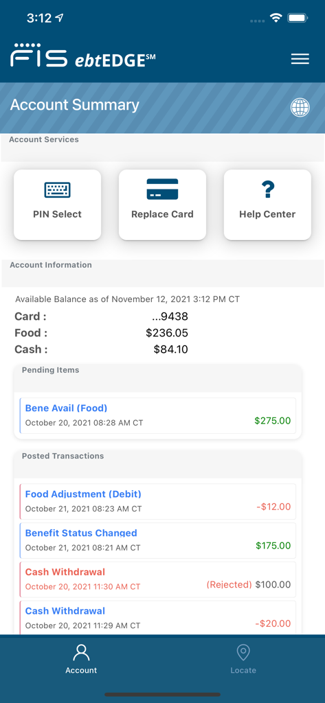 ebtEDGE - Riepilogo dell'account dell'app ebtEDGE che mostra i saldi dei benefici alimentari e in contanti e la cronologia delle transazioni