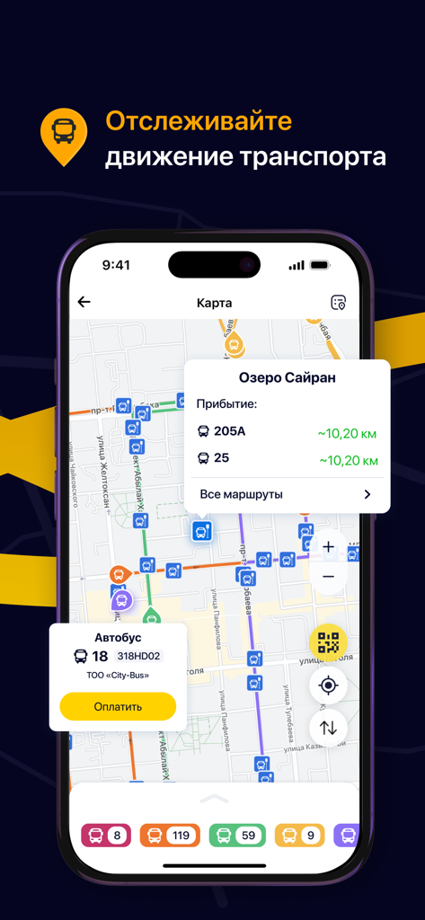 ONAY app interface showing real-time bus locations and arrival times on a city map