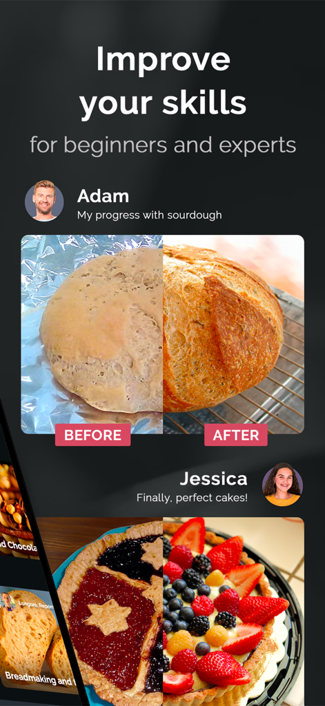 Acadèmia.tv - Cooking Courses - Before and after sourdough bread and fruit tart progress in Academia tv app