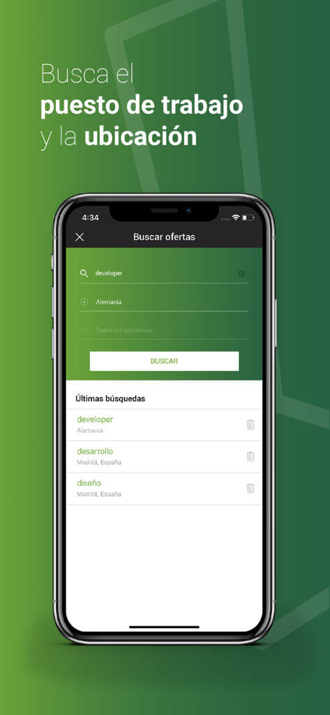 Infoempleo -Trabajo y empleo - 키워드 및 위치에 대한 구직 필터를 보여주는 Infoempleo 앱 인터페이스