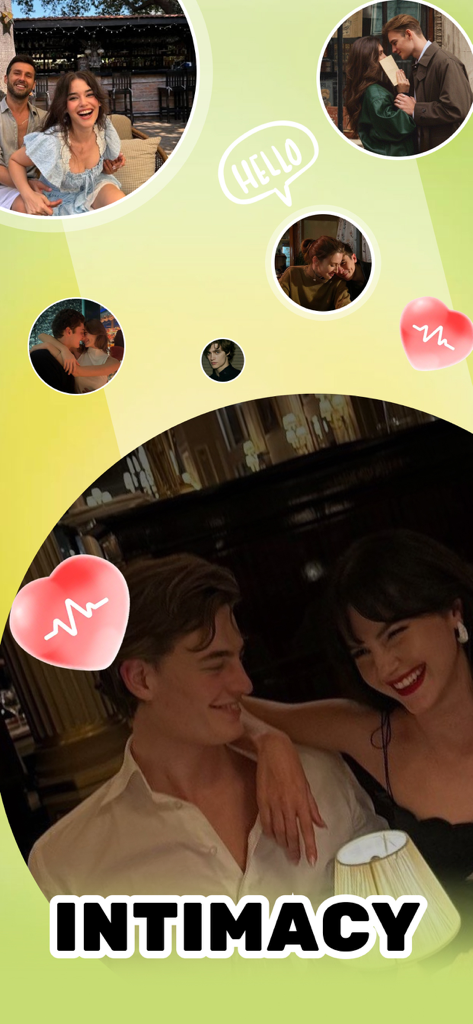 Minimalist - Lifestyle & Enjoy - App-Oberfläche, die kreisförmige Fotos von Paaren mit Herzsymbolen und dem Text INTIMACY auf einem hellgrünen Hintergrund anzeigt.