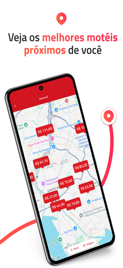 guia de motéis go - Un smartphone montrant une vue de carte avec les prix et les emplacements des motels dans l'application Guia de Moteis Go