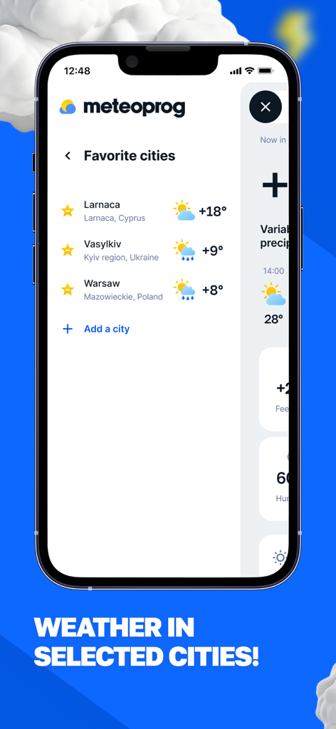 Meteoprog - Weather Forecast - Schermata dell'app Meteoprog che mostra il meteo attuale per un elenco di città preferite