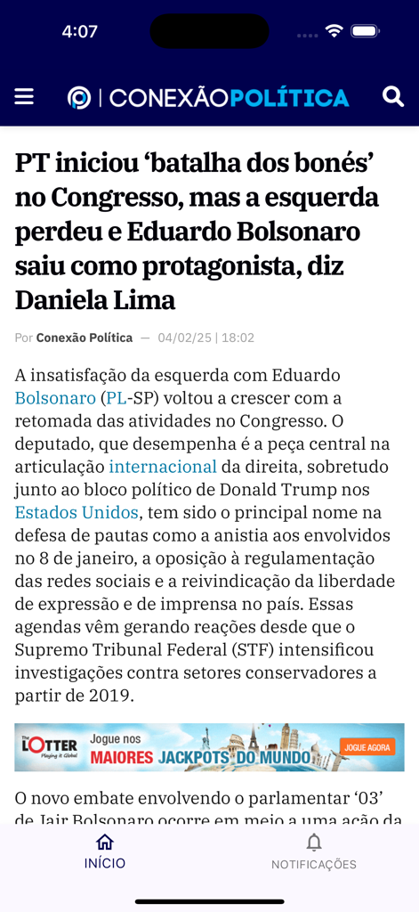 Conexão Política - Captura de tela de um artigo de notícias na interface do aplicativo móvel Conexao Politica.