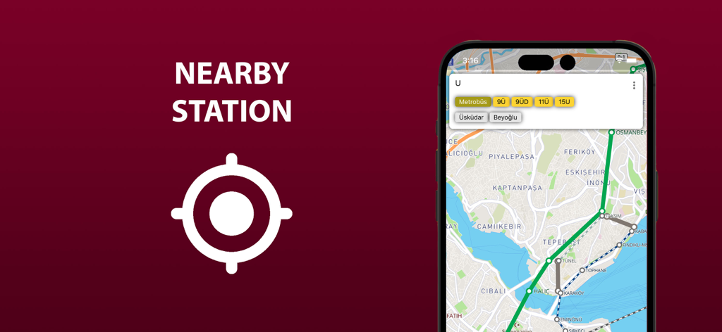 Interfaccia dell'app di trasporto pubblico di Istanbul che mostra le stazioni vicine su una mappa