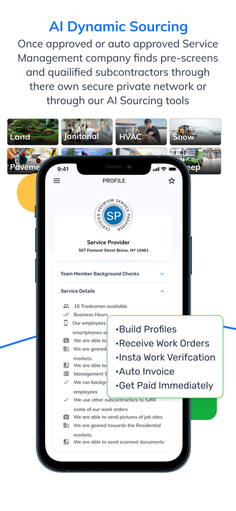 UtilizeCore - UtilizeCore mobile app interface showing AI dynamic sourcing and a detailed service provider profile with features for work orders and invoicing.