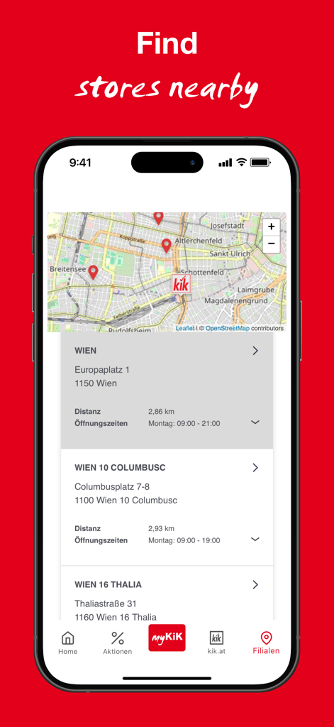 myKiK - Austria - Screenshot of the myKiK app store finder feature showing nearby locations on a map with addresses and opening hours