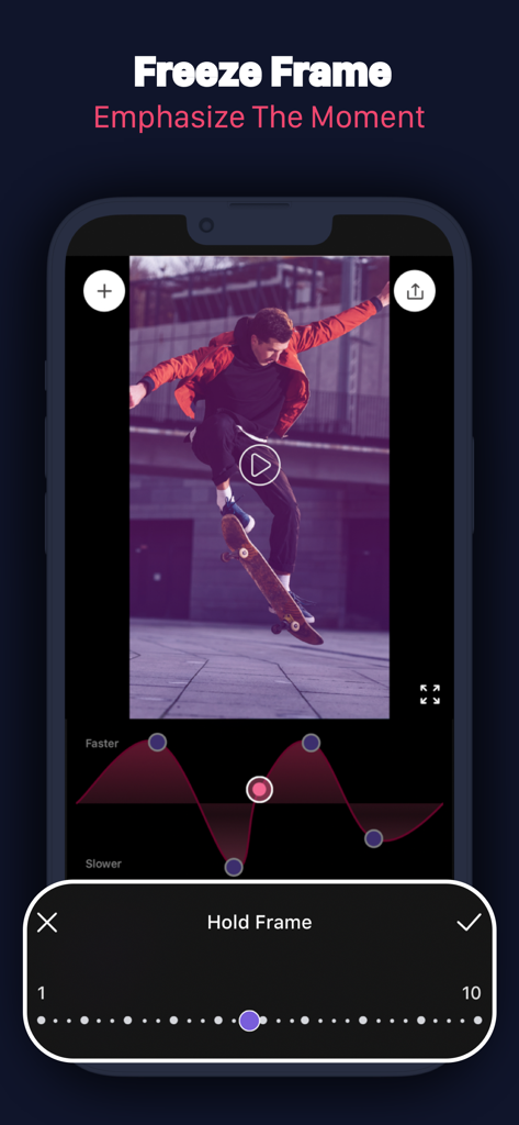 Un'interfaccia di editing video mobile che mostra la funzione freeze frame con uno skateboarder a mezz'aria.