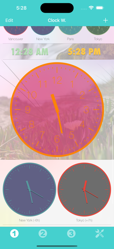 Clock Widget - Mehrere analoge und digitale Uhren-Widgets, die Zeiten für verschiedene Städte wie New York und Tokio auf einem iPhone-Bildschirm anzeigen