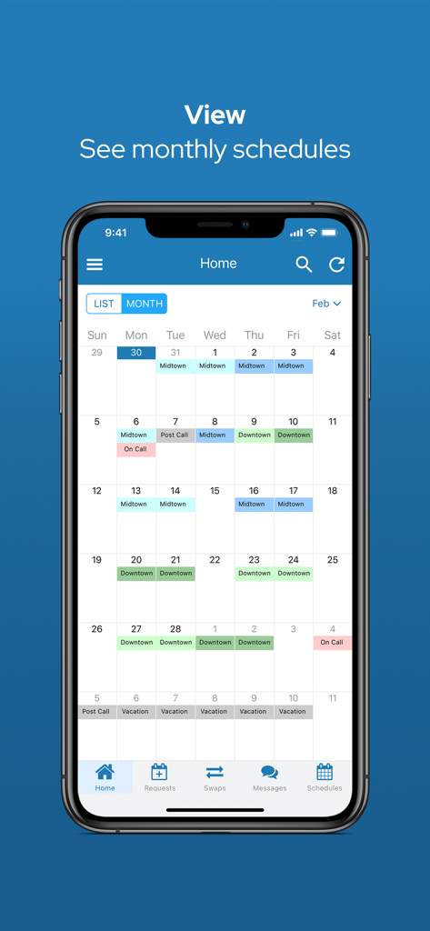 Monthly calendar view of a medical provider schedule on the QGenda mobile app