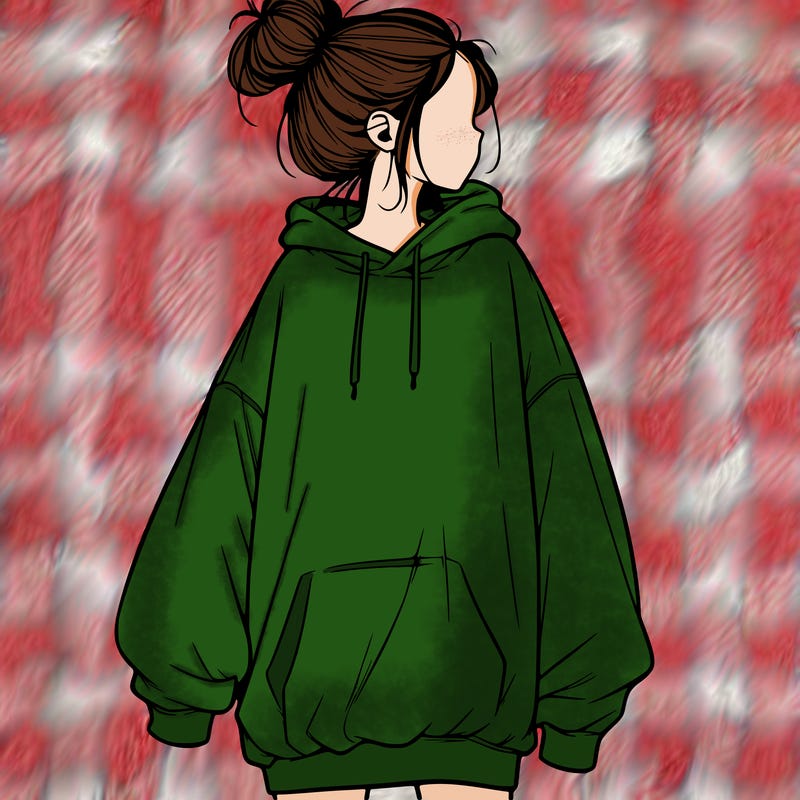 realistic girl with a oversized sweatshirt on and a bun