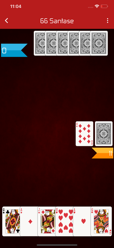 Gameplay of 66 Santase classic card game showing cards and score
