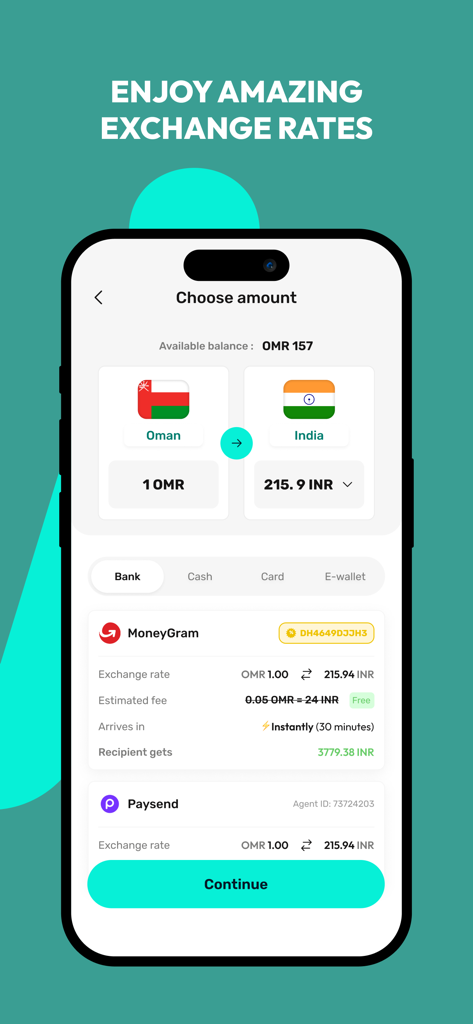 Walletii app interface displaying currency exchange rates for transfers from Oman to India via MoneyGram and Paysend.
