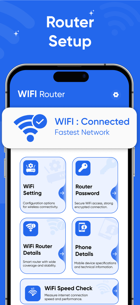 All Router Wifi Admin Setup - All Router Wifi Admin Setup app dashboard showing options for WiFi settings passwords and speed tests