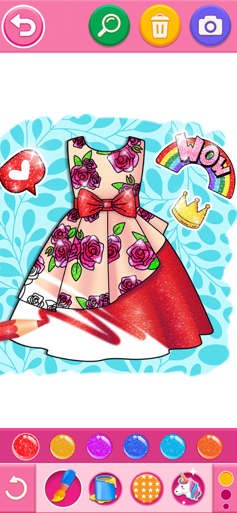A digital coloring book screen showing a floral dress being colored with sparkling red glitter and decorated with rainbow stickers