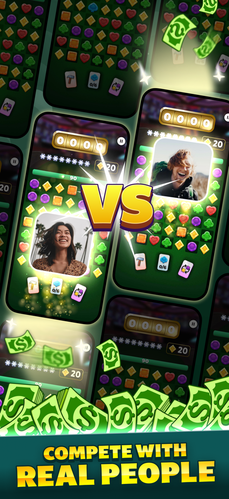 Match3 - Win Cash - A match three game interface showing two real players competing in a versus match for cash prizes
