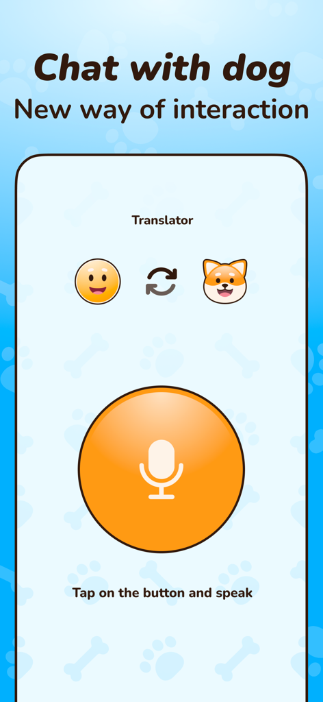 Dog Translator: Pet/Human Talk - Dog Translator app interface with a large orange microphone button to chat with pets