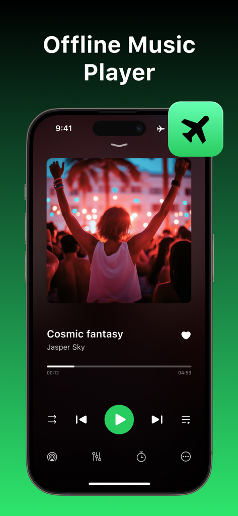 iPhone screen displaying the offline music player app playing a song with playback controls and an airplane mode icon.